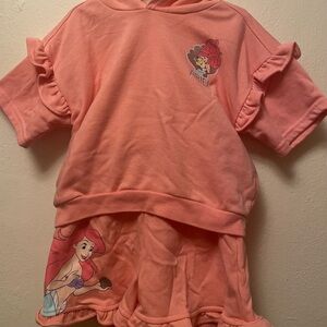 2 pc set. Coral color Ariel shirt with hood and shorts.